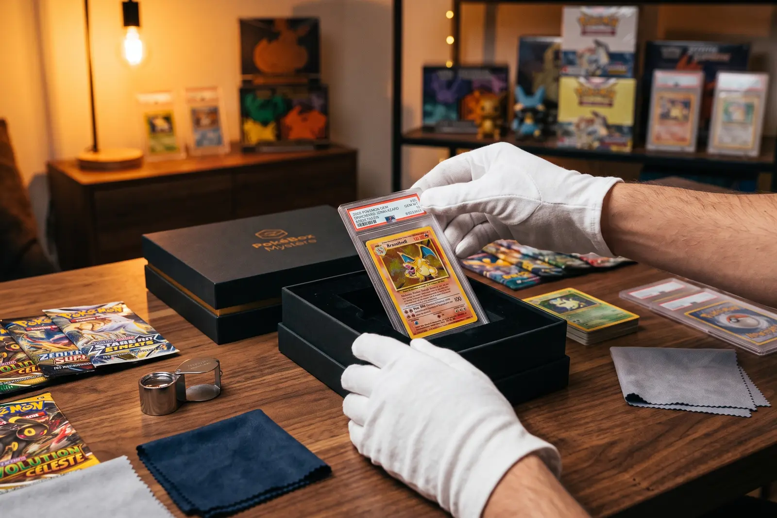 Composition d'une box à l'atelier : carte gradée, boosters et gants
